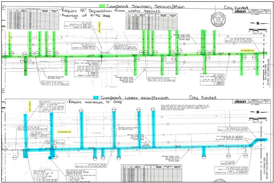 The top portion of this map shows the sanitary sewer lines that have been replaced 18 inches below the road surface. The bottom portion of the map shows the completed water services, that are six feet deep, that go to each of the businesses. They will follow the same model for each of the phases of this project.