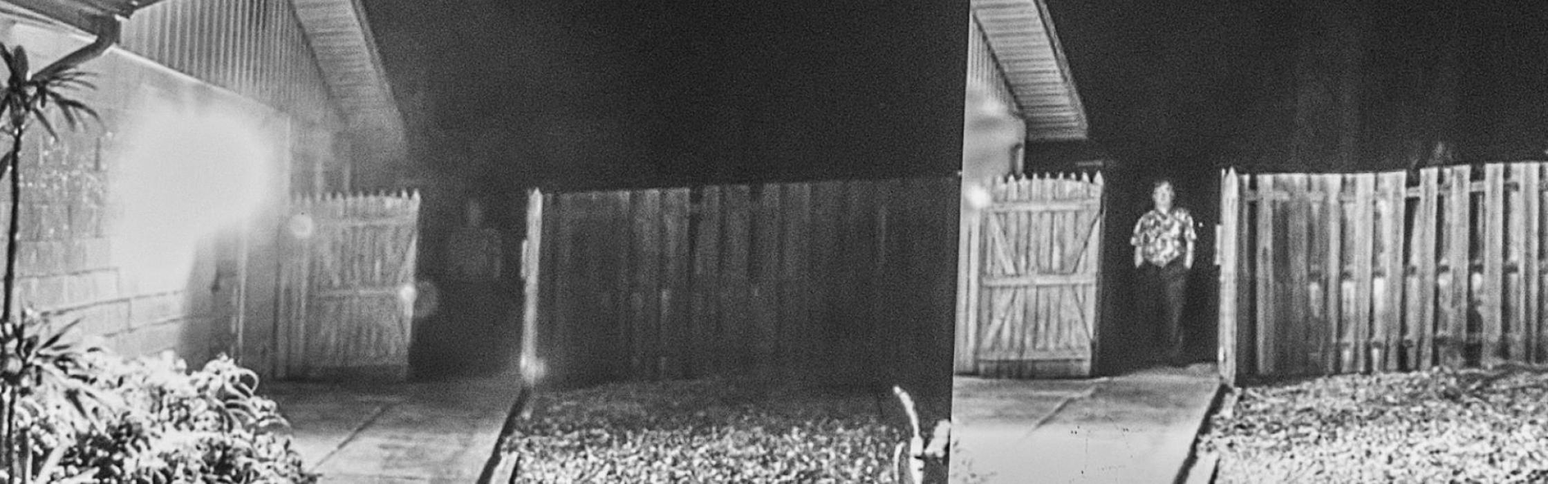 The only difference in these two images is the glare from the garage light being subdued. And look what’s standing in the gated area? He’s standing there, but the glare in the first photo makes him nearly invisible. Directional lighting makes your yard, and community much safer Diane Knutson explained.