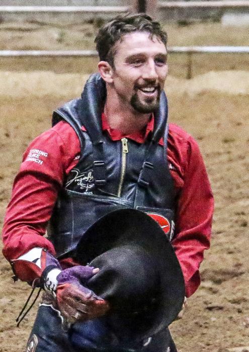 Garrett Shadbolt had a big smile after he’d successfully ridden a bronc in Chadron while preparing for the 2025 NFR last November. Photo by Con Marshall