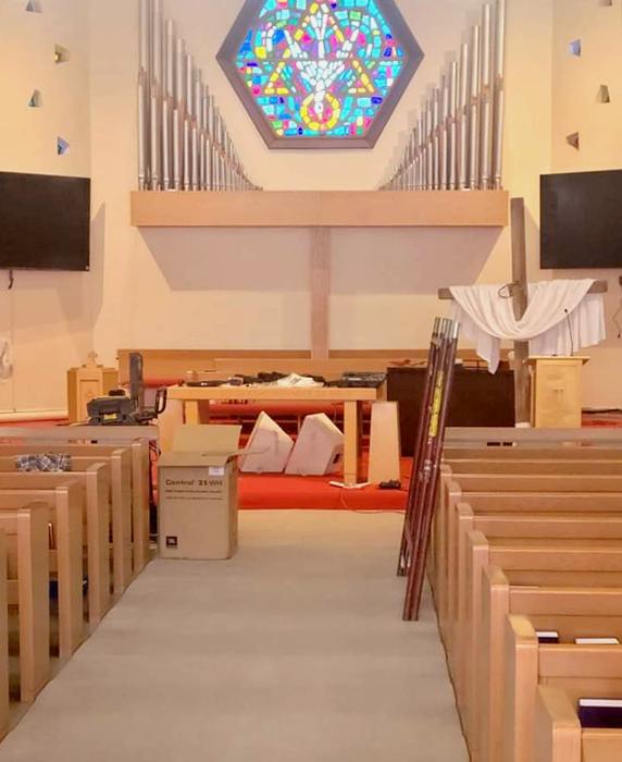 The sanctuary inside the Presbyterian Church has two new monitors now, which will help when singing hymns.