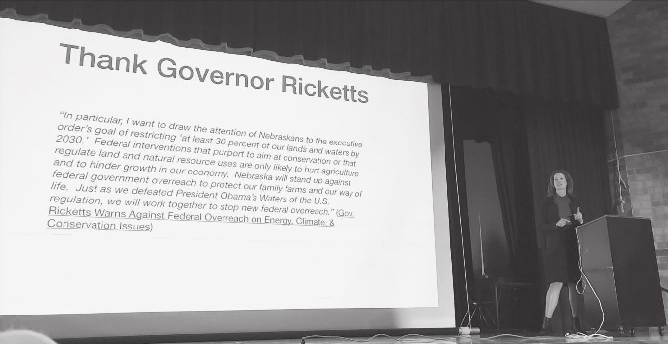 Laura Vroman Margaret Byfield explained what she’s seeing in the “tea leaves” about the government’s plan to have 30 percent of the nation’s land by 2030. She said that Governor Ricketts was the first governor to bring this information to the people. Photo by