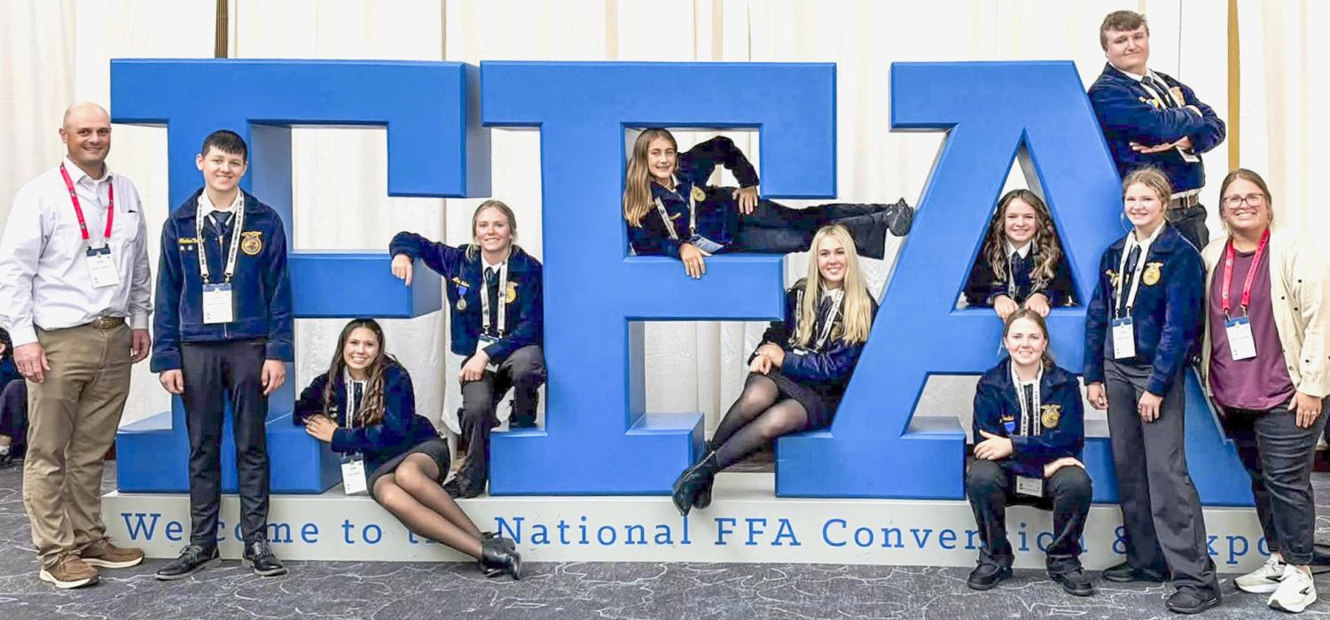 VHS students who attended the National FFA Convention included: Raken Tinant, Shay Kime, Jenna Hanson, Josie Shaul, River Doyle, Bailey Burdick, Ally Weller, Harley Thorpe, and Blake Boone. They are pictured with their advisors Mr. Brent Nollette and Ms. Shawna Houdek.