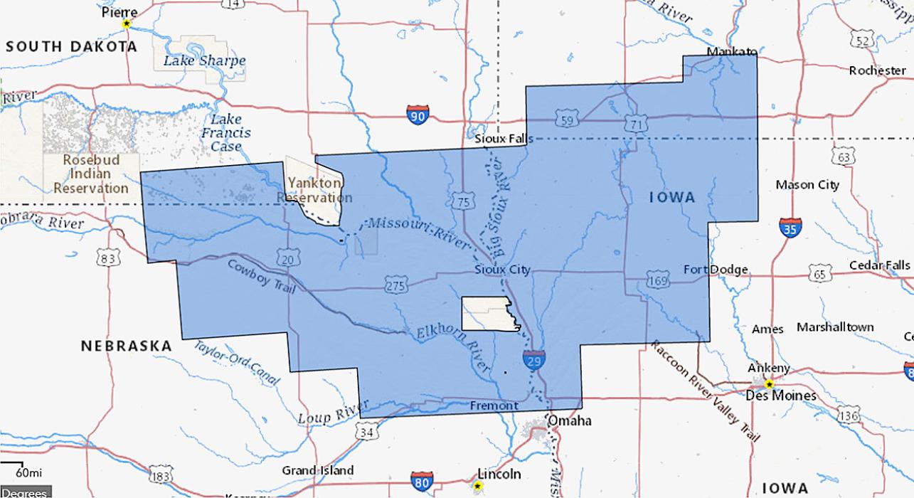 A map of the central Great Plains with the survey area marked with a blue polygon
