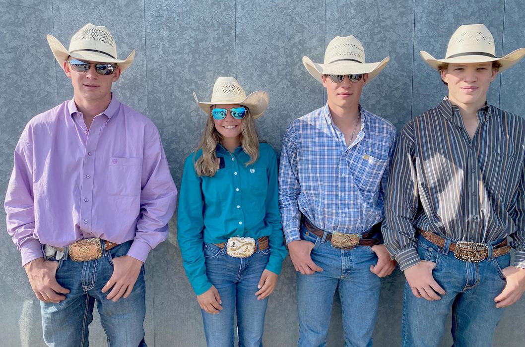 Four youth competed in the 75th National High School Rodeo Finals in Gillette, WY, July 16-22. They are pictured above, L to R: Sage Schrunk, Hailey Witte, Cooper Fay and Sutton Schrunk. Sage in bulldogging and team roping, Hailey in barrels, and Cooper and Sutton in the saddle broncs.