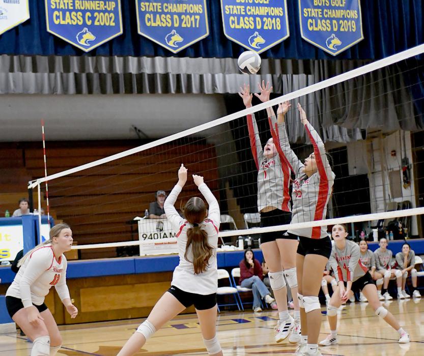 Lady Badgers go up for a block against the Lady Dawgs. Photos by Kathy Worrell