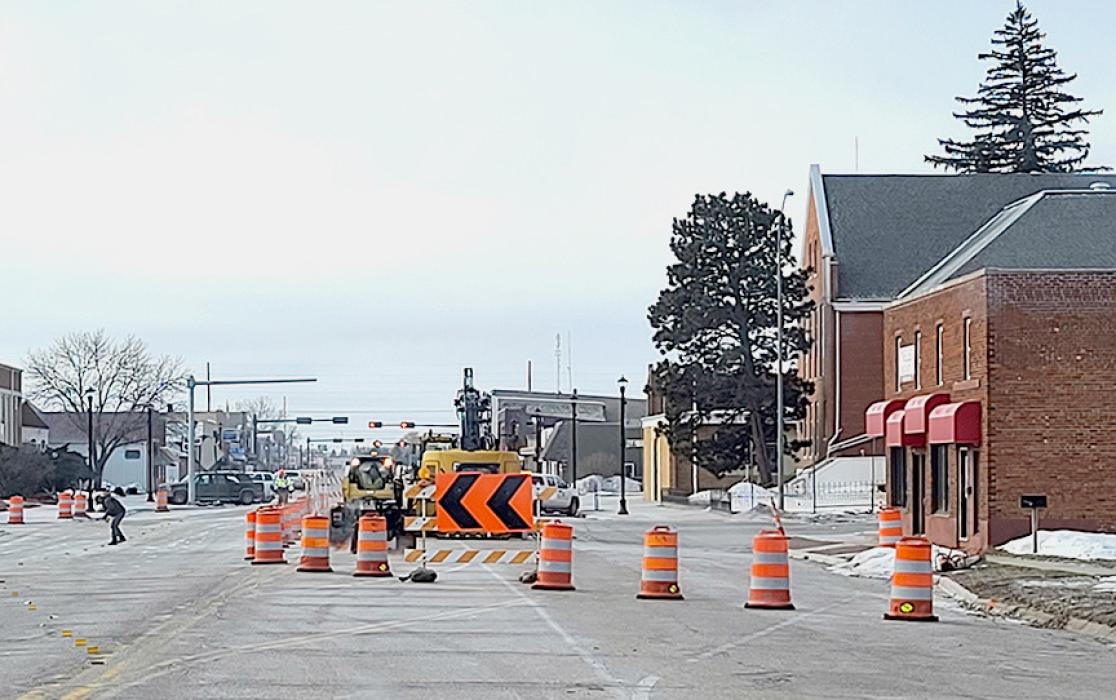 The intersection at Valentine’s Main Street and Fourth Street was shifted, Monday, March 13, 2023, to allow the beginning of the next phase of work on the IN VALENTINE project. Photo by Laura Vroman