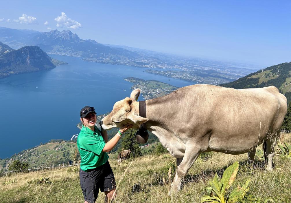 Dr. BaiLee learned about milking Brown Swiss cattle in Zurich, while staying with the Gähler family.