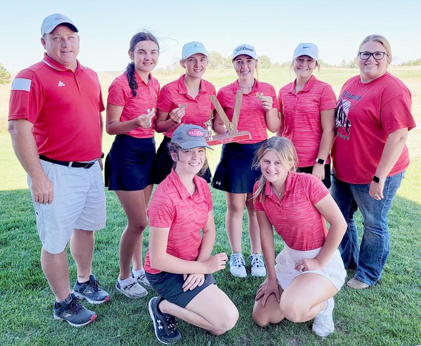 Pictured are back row, L to R: Coach Devin Muirhead, Mekallyn Bancroft, Kaetryn Bancroft, Kaylee Hanson, Jaycie Cox, and Coach Hoedek. Front row, L to R: Marybelle Ward, and Jojo Jordan.