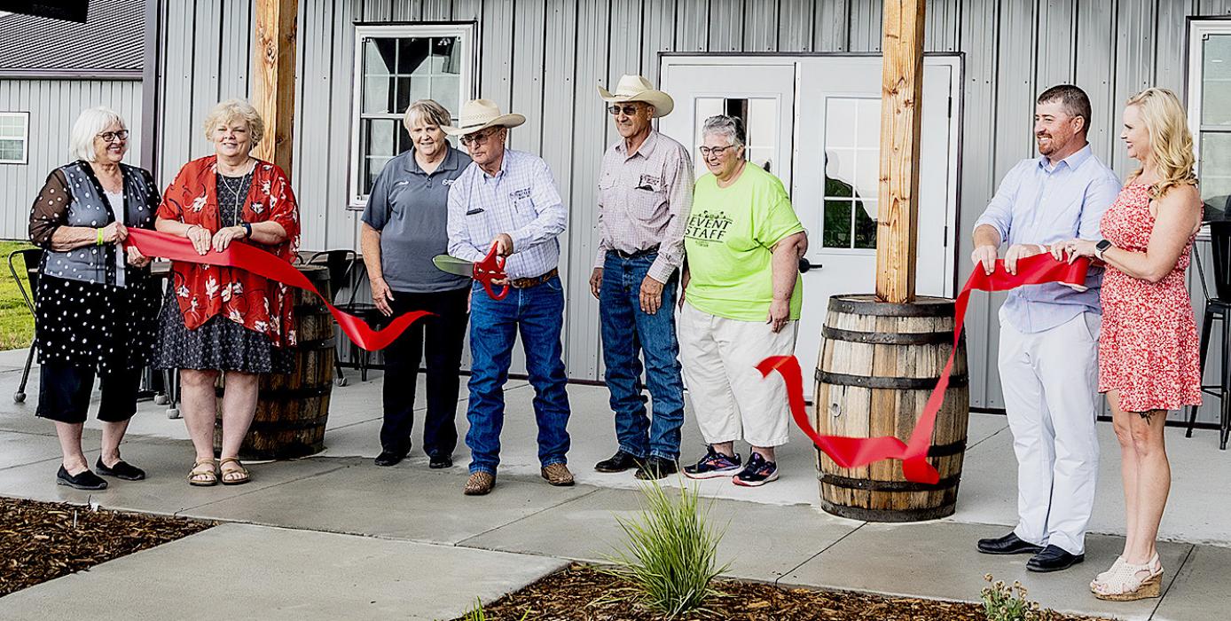 Pictured at the Niobrara Valley Vineyards Ribbon Cutting are from L to R: Nadeane Allard, Carolyn Moore, Cindy Nollette, Greg Nollette, Tim Nollette, Terri Nollette, Zane Limbach, and Jenny Moore.